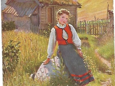 Young woman in traditional dress walking in grassy field, traditional house in background, scenic countryside setting. | © Postkarte/1940