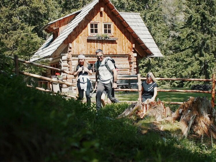 Holzhaus umgeben von Bäumen, Touristen in Berg-Outfit posierend vor dem Haus, großer Baumstumpf im Vordergrund.
