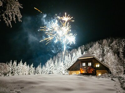 Lichterfunkeln über einer verschneiten Blockhütte, umgeben von schneebedeckten Bäumen, die das Bild in eine winterliche, feierliche Stimmung tauchen. | © Urlaub am Bauernhof / Daniel Gollner