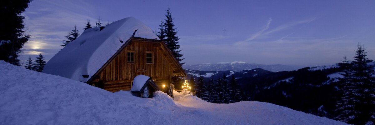 Kärntner Almhütte im Mondschein bei Nacht im Winter | © Urlaub am Bauernhof/ Tom Lamm