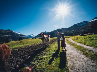 Zwei Kinder stehen vor der Kuhweide auf der Alm | © Urlaub am Bauernhof Salzburg / Daniel Gollner 