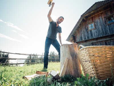 Holzhacken auf der Alm | © Urlaub am Bauernhof Steiermark / Daniel Gollner Person splitting wood next to a rustic wooden cabin surrounded by lush greenery on a sunny day. | © Urlaub am Bauernhof Steiermark / Daniel Gollner