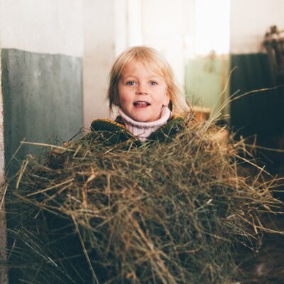 Mädchen trägt Heu in der Hand | © Urlaub am Bauernhof Kärnten / Daniel Gollner