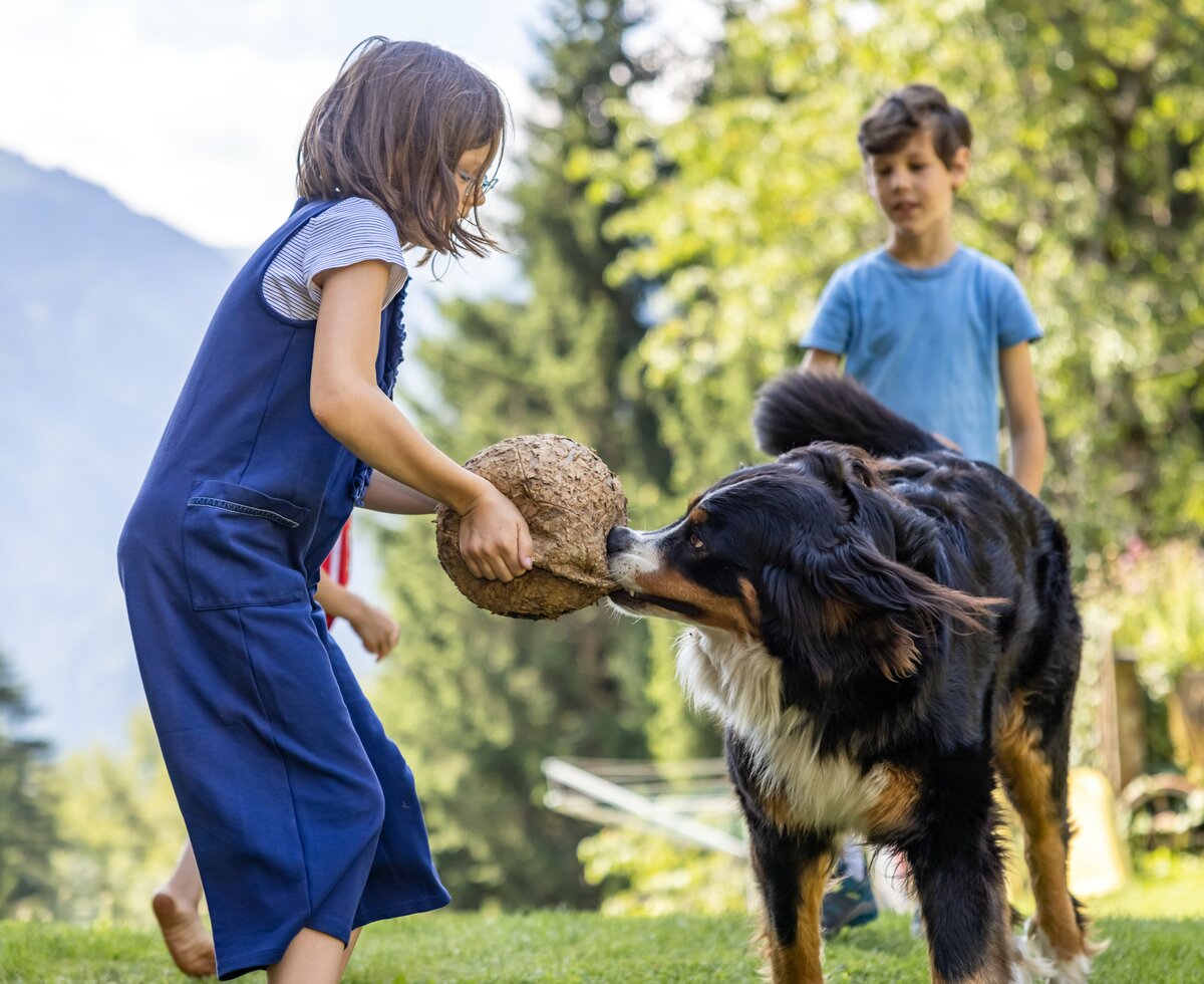 Hund beißt in den Ball | © Landesverband Urlaub am Bauernhof Kärnten/ Achim Mandler Hund beißt in den Ball während das Mädchen diesen hält | © Landesverband Urlaub am Bauernhof Kärnten/ Achim Mandler