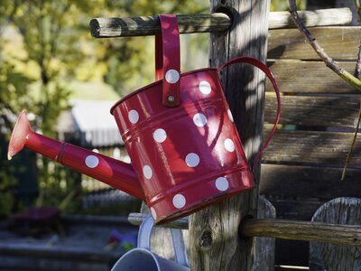 Rote Gießkanne mit weißen Punkten hängt am Gartenzaun | © Urlaub am Bauernhof Oberösterreich / Harald Puchegger