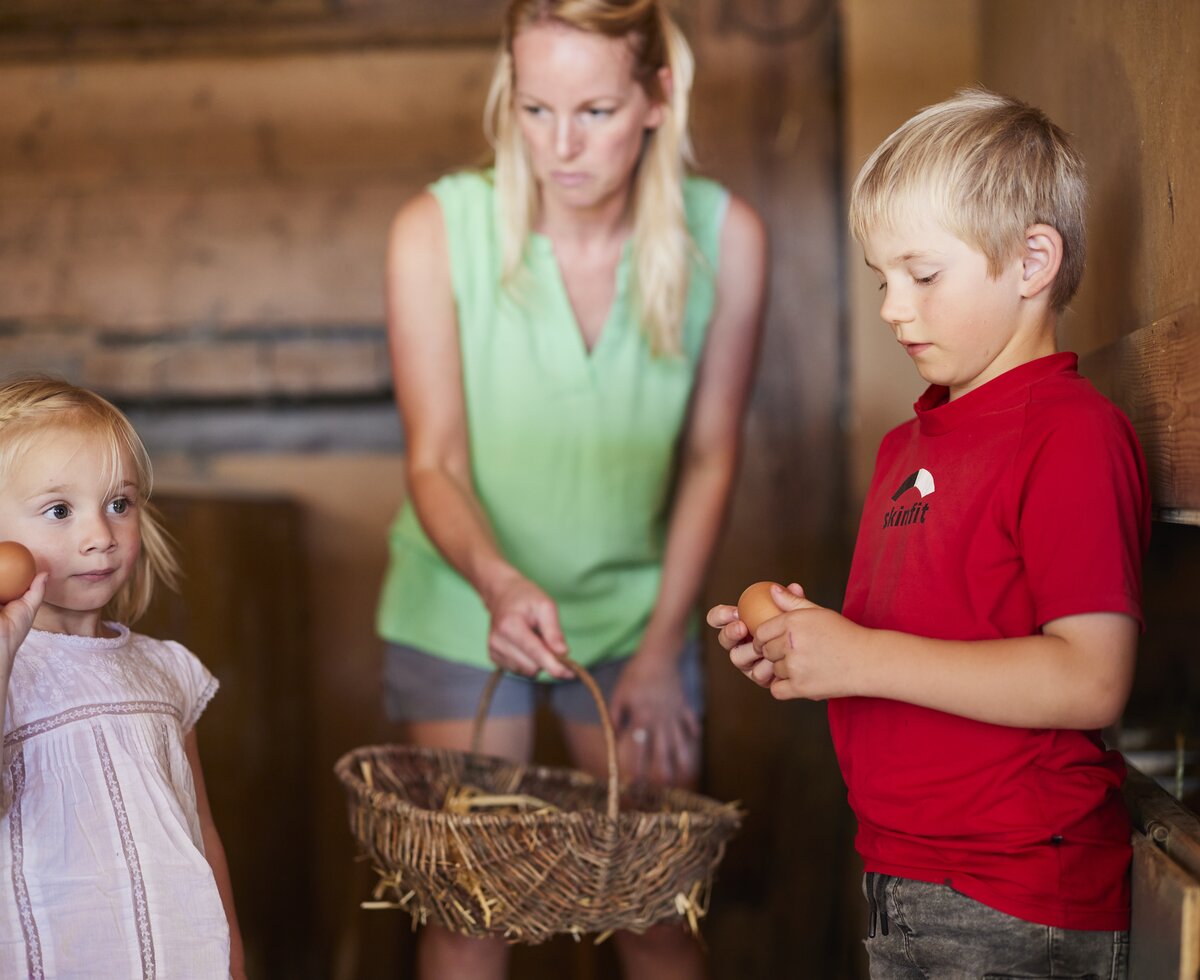 Selbst die Eier fürs Frühstück holen | © Urlaub am Bauernhof Oberösterreich / Alexander Kaiser Mädchen holt ein Ei fürs Frühstück aus dem Hühnerstall | © Urlaub am Bauernhof Oberösterreich / Alexander Kaiser
