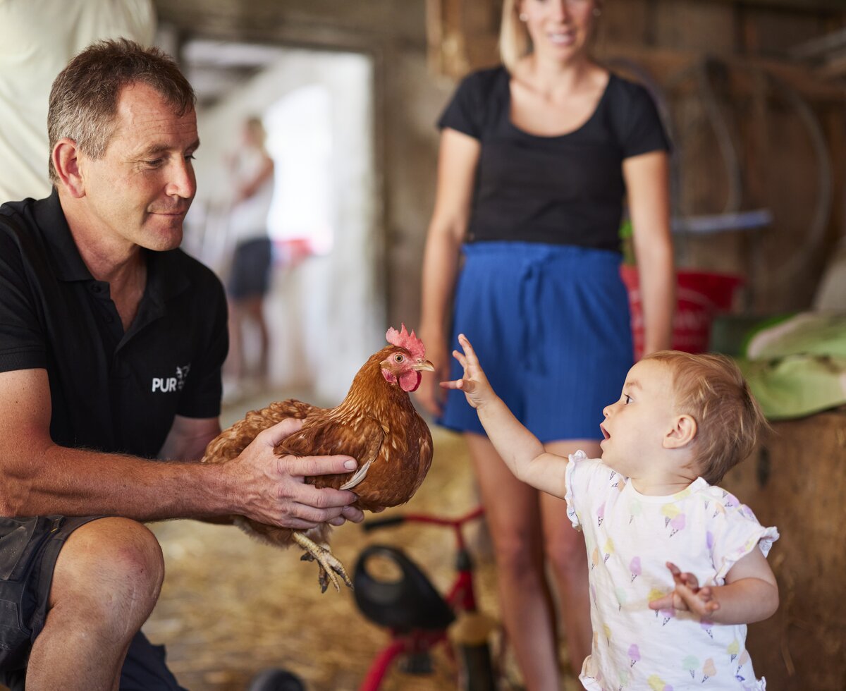 Landwirtschaft zum Anfassen | © Urlaub am Bauernhof Oberösterreich / Alexander Kaiser Bauer zeigt Baby ein Huhn | © Urlaub am Bauernhof Oberösterreich / Alexander Kaiser