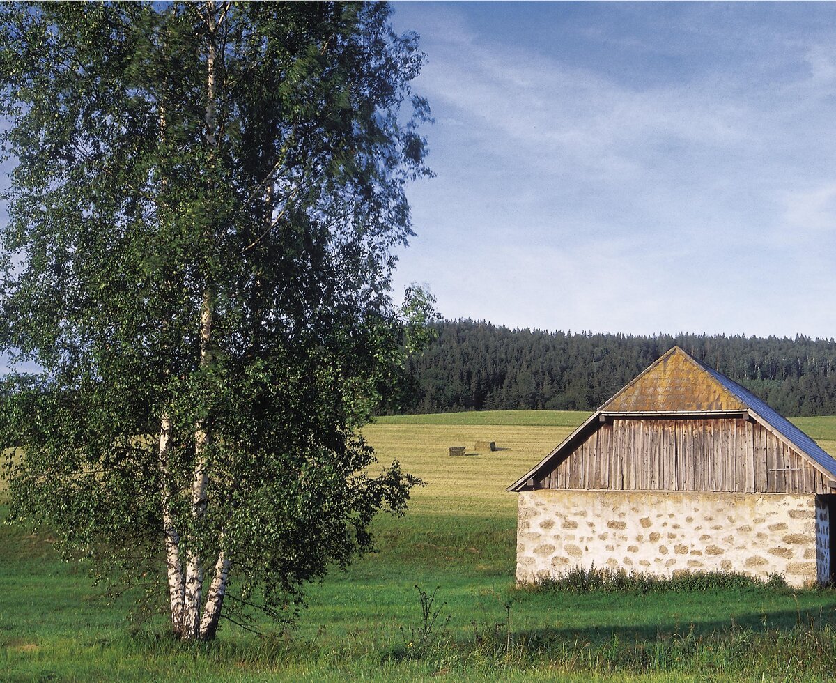 Mühlviertler Steinbloßstil | © Oberösterreich Tourismus GmbH / Hermann Erber Kleines Haus im Mühlviertler Steinbloßstil umgeben von Feldern und Wäldern | © Oberösterreich Tourismus GmbH / Hermann Erber