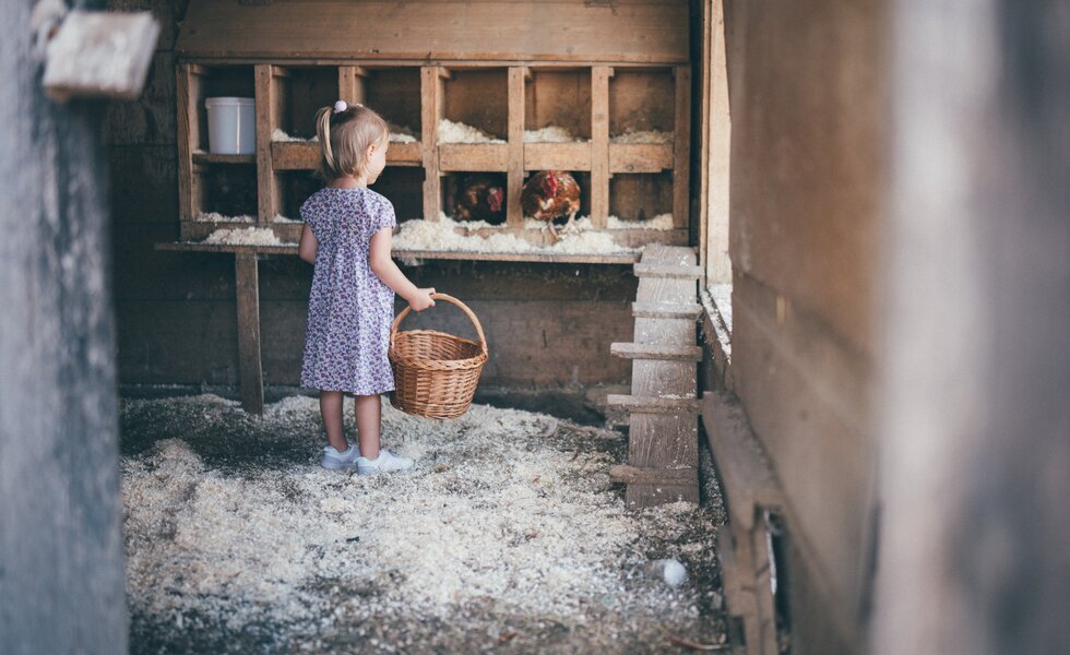 Ein kleines Mädchen in einem Kleid steht in einem alten Bauernhofstall voller Holzregale und Körbe. Sie hält einen Korb in der Hand und blickt in Richtung der Kamera. | © Urlaub am Bauernhof / Daniel Gollner