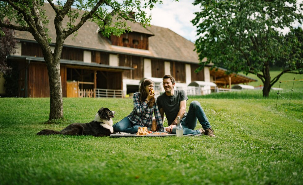 Ein junges Paar genießt eine Picknickzeit mit ihrem Hund auf einer grünen Wiese vor einer Holzhütte im ländlichen Umfeld. | © Urlaub am Bauernhof / Daniel Gollner