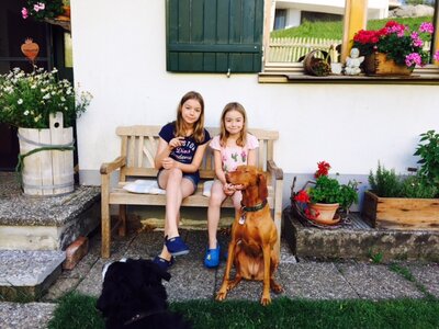 Zwei Mädchen mit Hund auf Hausbank am Ellerhof in Vorarlberg | © Urlaub am Bauernhof Österreich / Eller 2 Mädchen sitzen auf Hausbank und davor der Hund | © Urlaub am Bauernhof Österreich / Eller