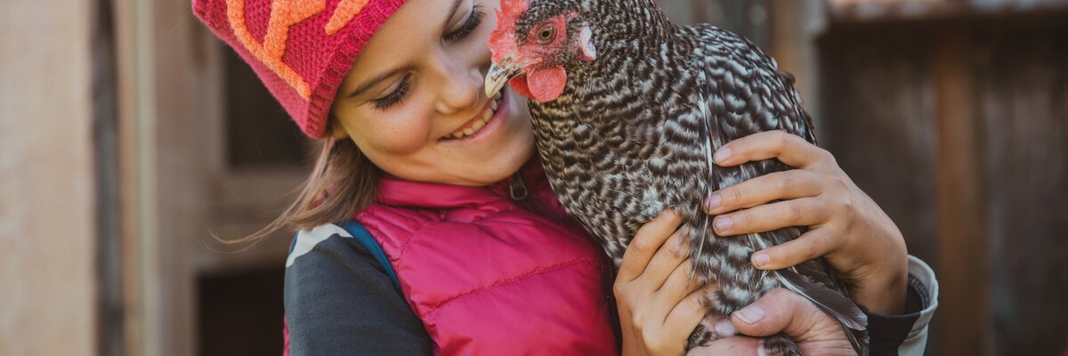 Mädchen mit Huhn in den Armen | © Urlaub am Bauernhof in Österreich / Pascal Baronit