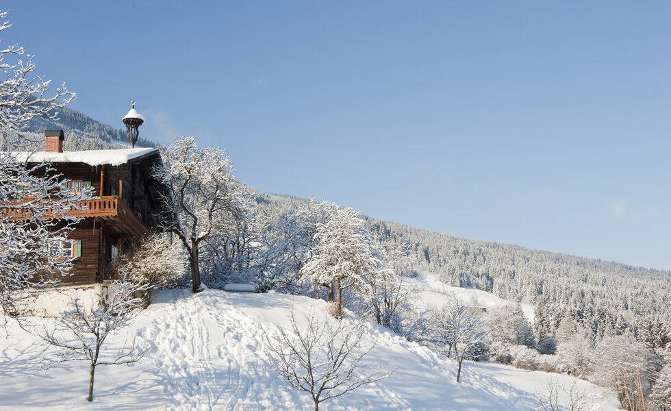 Schneebedeckte Berggipfel, verschneite Bäume und ein rustikales Holzhaus in einer winterlichen Landschaft. Ein idyllischer Ort zum Entspannen und Genießen der Natur. | © Hof in Winterlandschaft