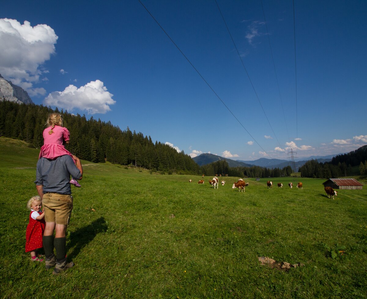 Bauer mit Kindern auf der Dientalm, Mühlbach am Hochkönig, Salzburger Land | © Dientalm / Matthias Gruber Bauer mit Kindern auf der Dientalm blick in die Ferne, Mühlbach am Hochkönig, Salzburger Land | © Dientalm / Matthias Gruber