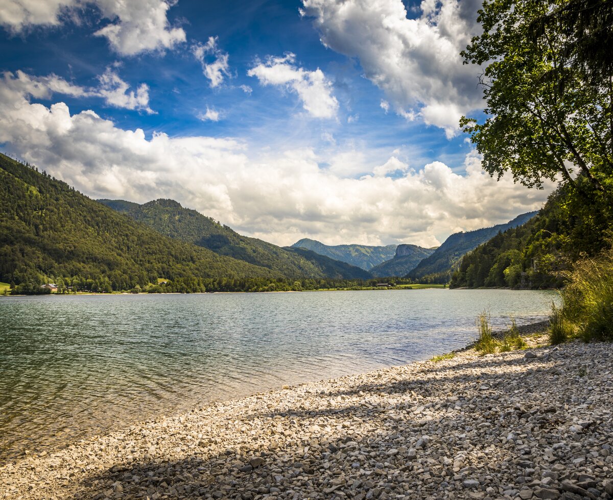 Der Hintersee in Faistenau | © Urlaub am Bauernhof im SalzburgerLand / Bernd Suppan Blick vom Ufer aus über den Hintersee und die umliegende Bergwelt. | © Urlaub am Bauernhof im SalzburgerLand / Bernd Suppan