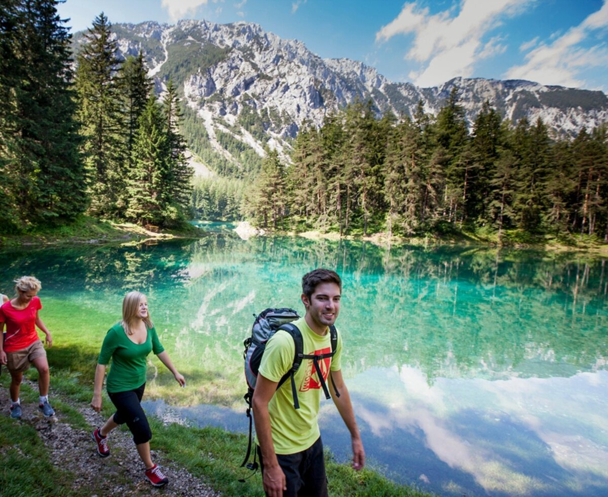 Eine Gruppe von Wanderern entlang dem Seeufer im Wald | © TRV  Hochsteiermark / Tom Lamm