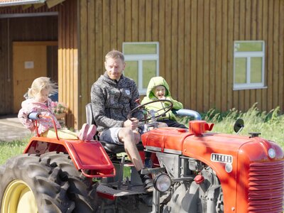 Traktorfahren am Innauer Hof | © Daniel Gollner | Urlaub am Bauernhof Vater fährt mit zwei Kindern auf einem oldtimer Traktor aus. | © Daniel Gollner | Urlaub am Bauernhof