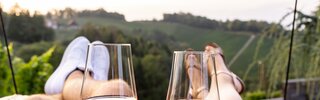 Zwei Weingläser mit Rosé in den Händen einer Paare, die auf einer Terrasse sitzen und die Aussicht auf eine hügelige, grüne Landschaft genießen.
