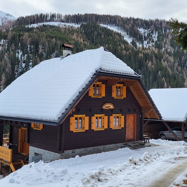Die Alm im Winter, ein Holzgebäude mit schneebedecktem Dach, Sonnenterrasse und Carport, gelegen in einer verschneiten Berglandschaft.