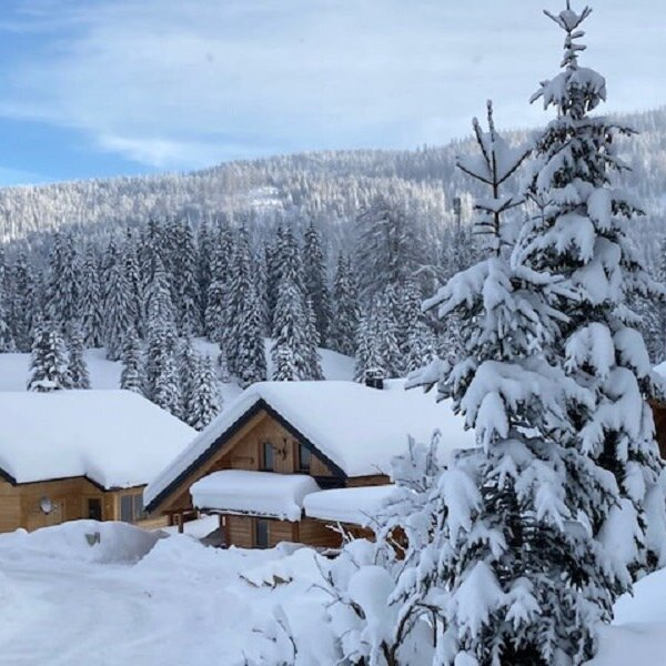 Die Alm in einer verschneiten Winterlandschaft mit umgebenden Nadelbäumen und Bergen.