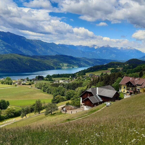 Der einladende Bauernhof, eingebettet in grüne Wiesen mit einem herrlichen Ausblick auf den schimmernden Millstätter See und die umliegende Berglandschaft.