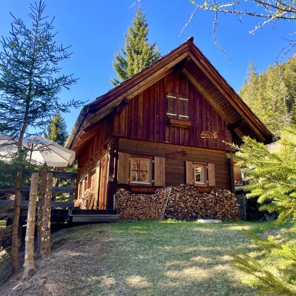 Die Alm von außen, mit Holzfassade, Giebeldach, Fensterläden und einem Holzstapel vor einer Rasenfläche.