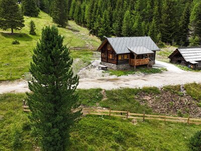 Die urige Alm inmitten saftig grüner Wiesen und dichter Nadelwälder.