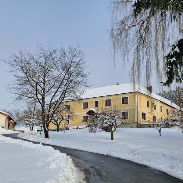 Der Bauernhof im Winter, umgeben von Schnee und Bäumen, mit einem geräumten Zugangsweg.