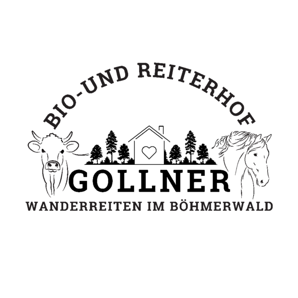 Logo of the farmhouse featuring 'Organic and Riding Farm', a cow, a horse, mountains, and 'Trail riding in the Bohemian Forest'.