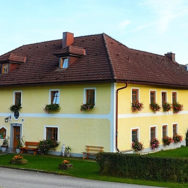 The yellow farm house exterior, with flower boxes on the windows, a parking area, and a children's playground on the lawn.