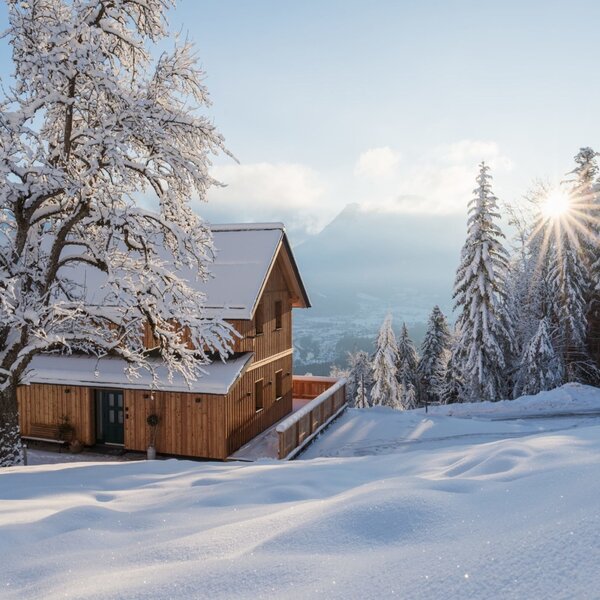 The wooden farmhouse surrounded by a snowy winter landscape featuring snow-covered trees and distant mountains.