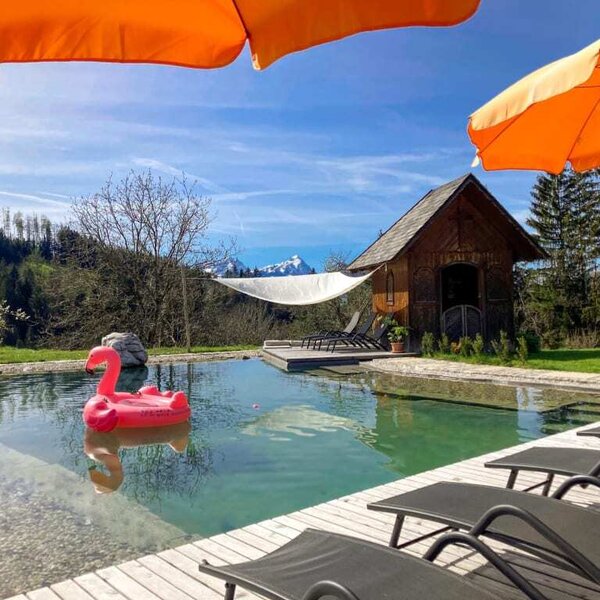 glasklarer Schwimmteich mit vielen Liegen