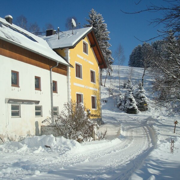 Der schneebedeckte Bauernhof und seine Umgebung im Winter.