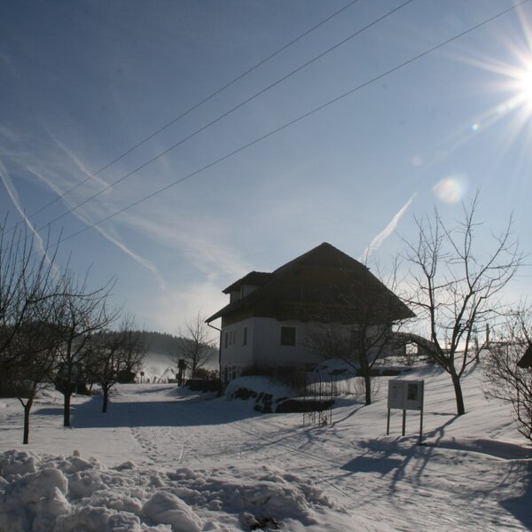 The exterior of the Farm House on a sunny winter day, featuring snow-covered grounds, bare trees, and an information board.