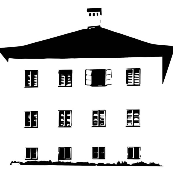 Außenansicht des Weinhauses mit markantem Dach und Fenstern.