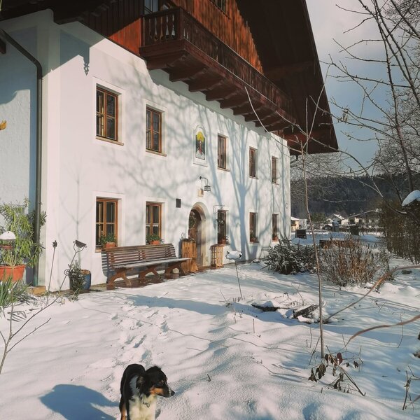 Der Bauernhof im Winter, mit weißer Fassade, Holzbalkonen und verschneitem Vorplatz.