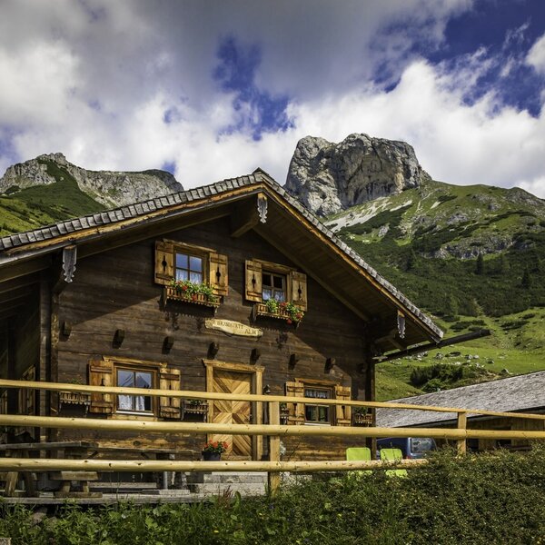 Der Hof 'Burgstall Alm', ein traditionelles Holzgebäude mit Blumenkästen, liegt inmitten grüner Bergwiesen mit Blick auf die umliegenden Gipfel.