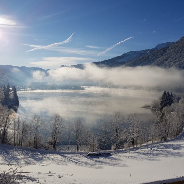 View of the misty Hintersee lake in winter, surrounded by snow-covered mountains and trees, from the Farm House.