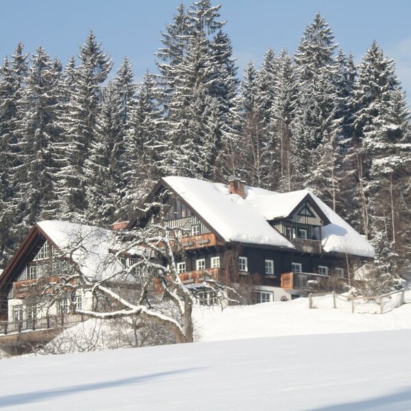 Der Bauernhof, von Schnee bedeckt, liegt eingebettet in eine winterliche Landschaft mit umliegenden Fichtenwäldern.