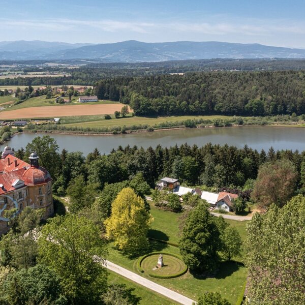 Malerische Luftaufnahme von Gut Hornegg inmitten weitläufiger grüner Felder und Wälder, mit Blick auf einen idyllischen See.