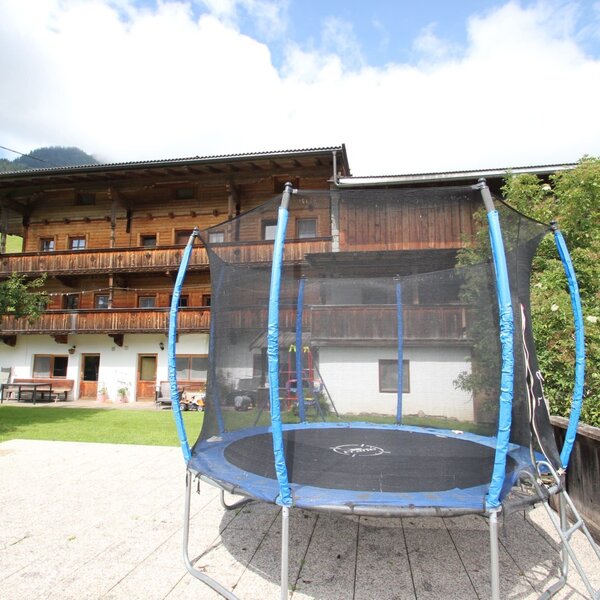 Trampolin mit Sicherheitsnetz im Garten des Bauernhofs.