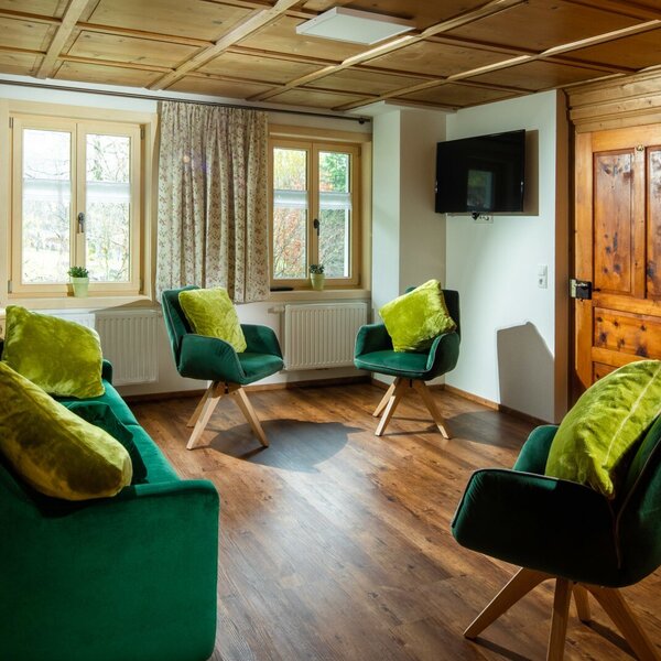 Das Lesezimmer im Bauernhof mit grünem Sofa, drei grünen Sesseln, Fernseher und zwei Fenstern.